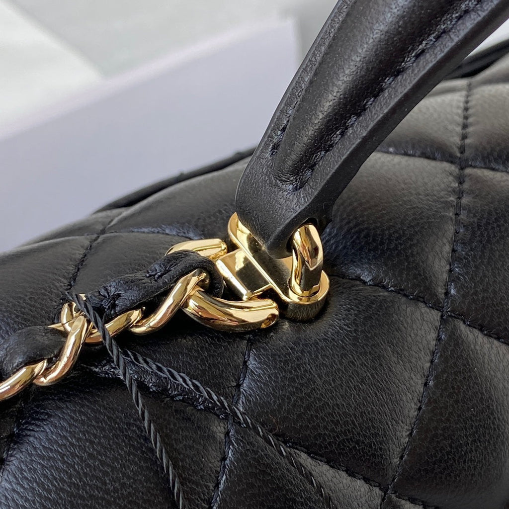 CHANEL 25S MINI FLAP BAG WITH TOP HANDLE 20 IN BLACK CALFSKIN GOLD HARDWARE
