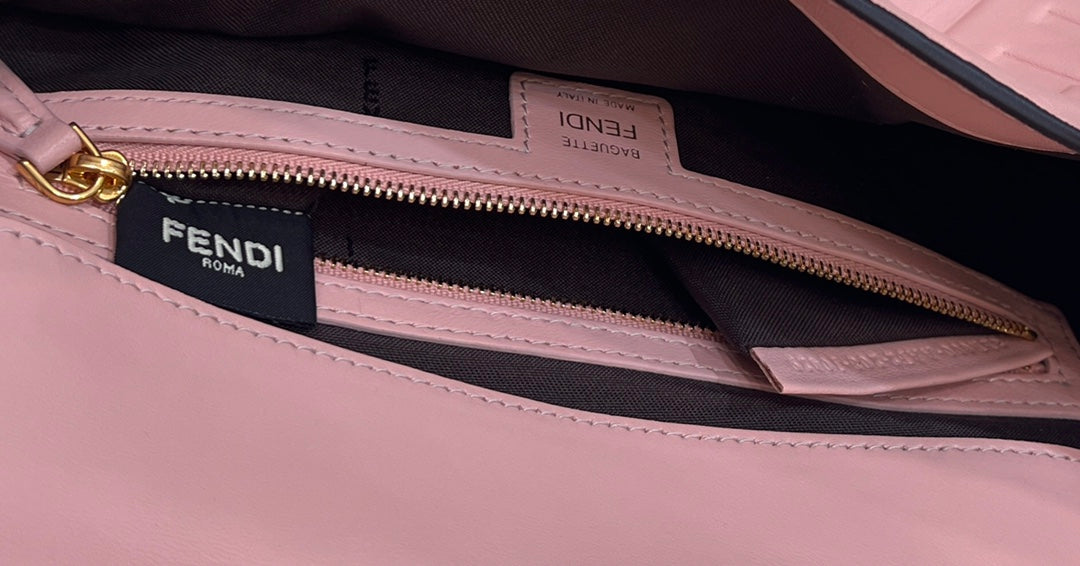 BAGUETTE WITH FF MOTIF 27 IN LIGHT PINK SOFT LAMBSKIN GOLD HARDWARE