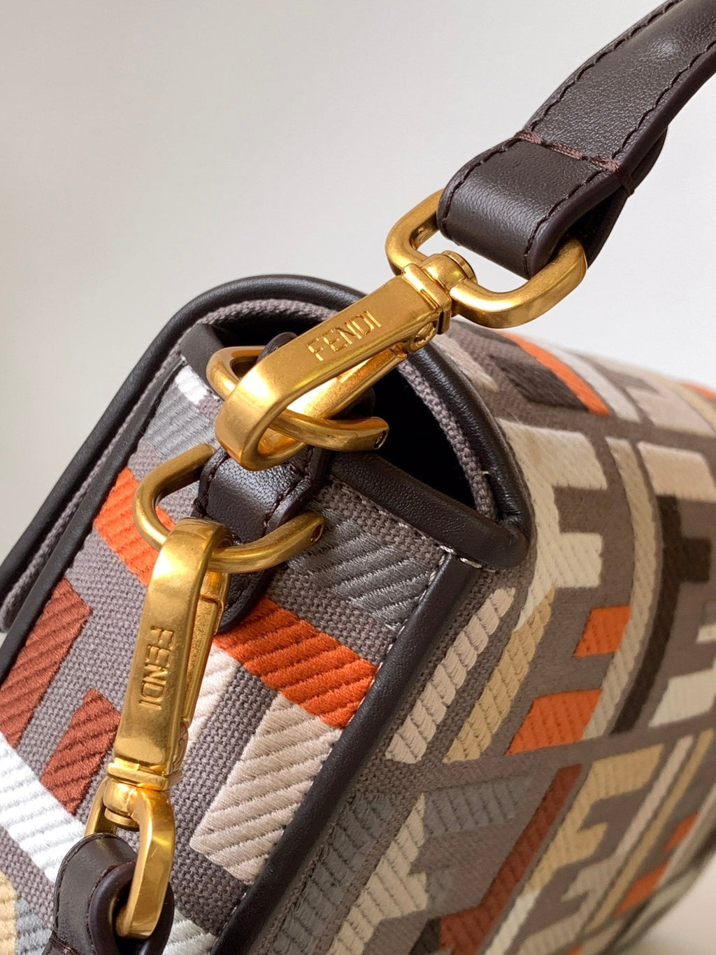 Fend Baguette Brown and Multicolour Canvas Bag 27 with FF Embroidery Ghw