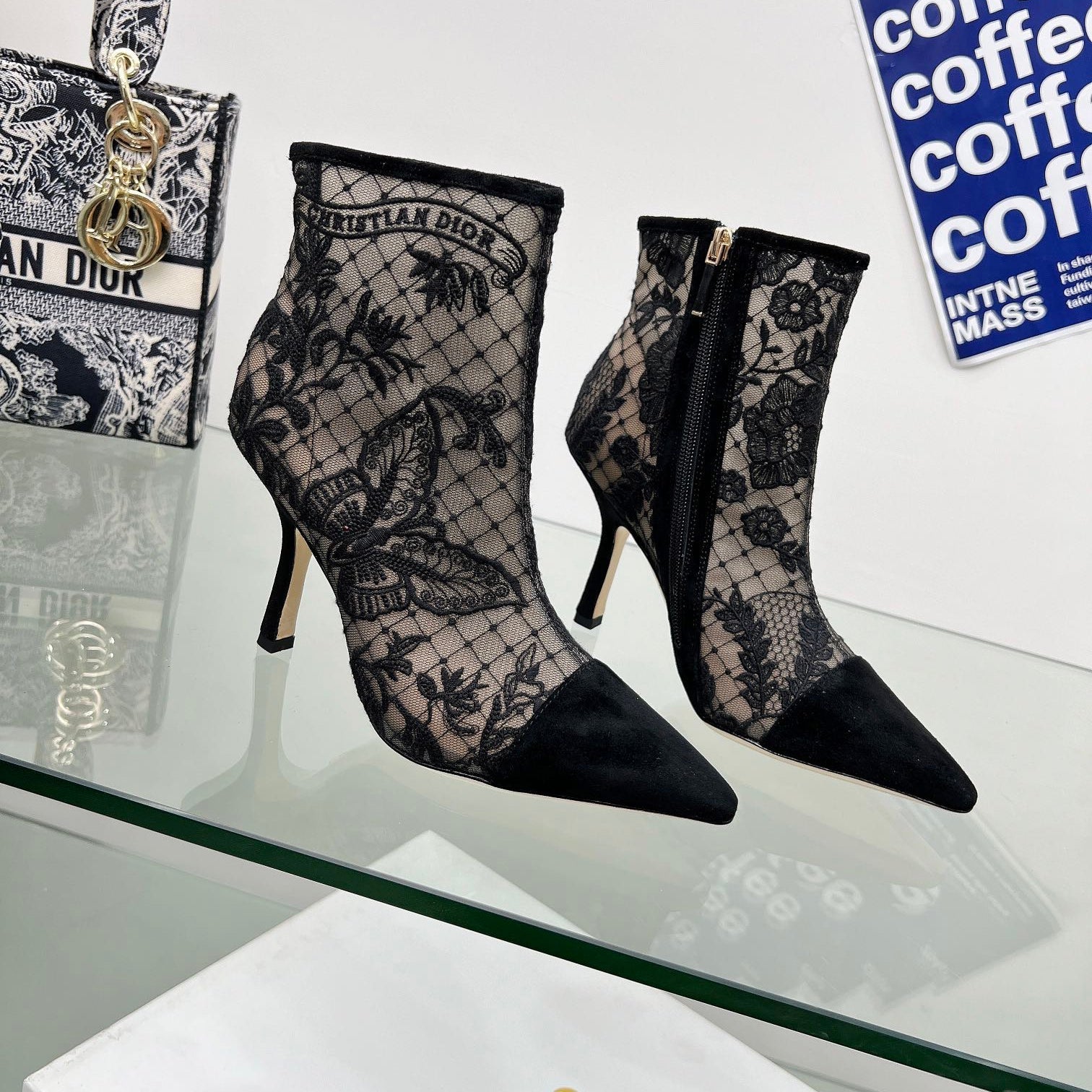 DIOR 25S POINTED-TOE ANKLE BOOTS 95 MM IN BLACK MESH TULLE AND SUEDE STYLE 1