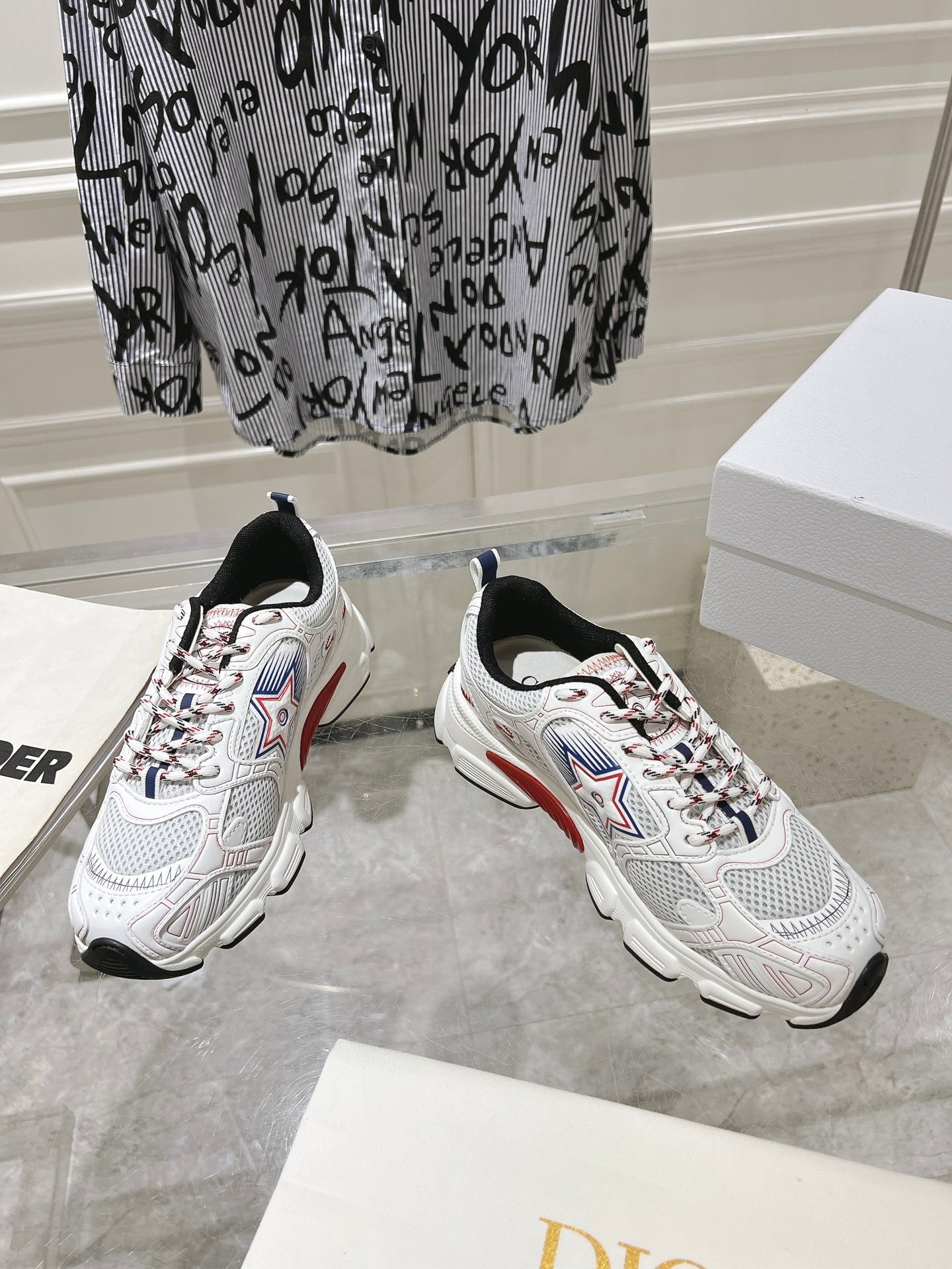 DIOR 25S CHRONO STAR FLATFORM SNEAKERS 45MM IN MESH WITH WHITE CALFSKIN