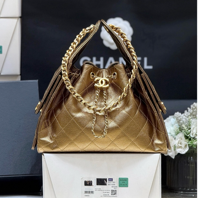 CHANEL 25 MEDIUM HANDBAG 30 IN GOLDEN BROWN CALFSKIN WITH GOLD HARDWARE