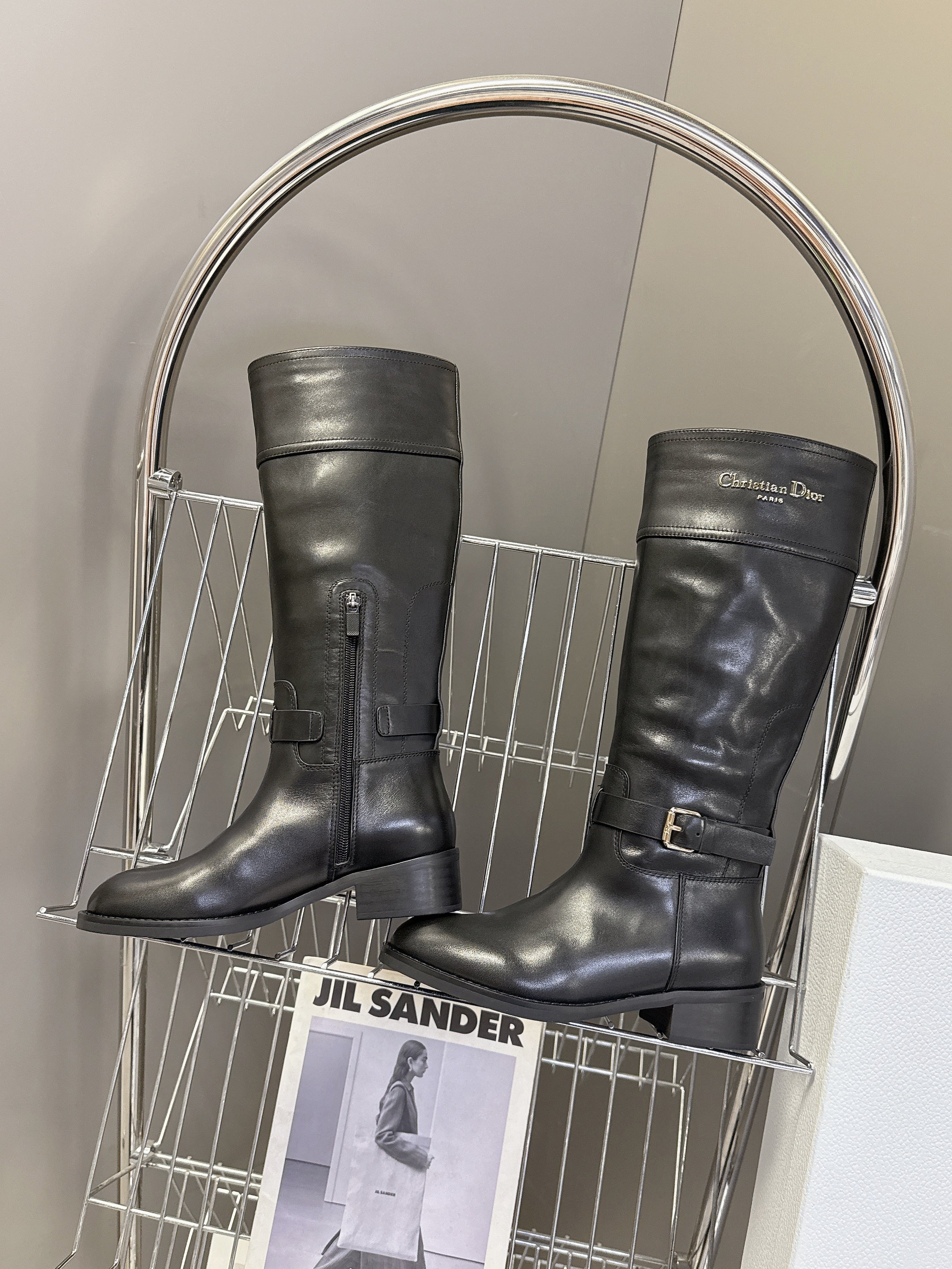 DIOR 25S BROWN HIGH BOOTS IN BLACK LAMBSKIN