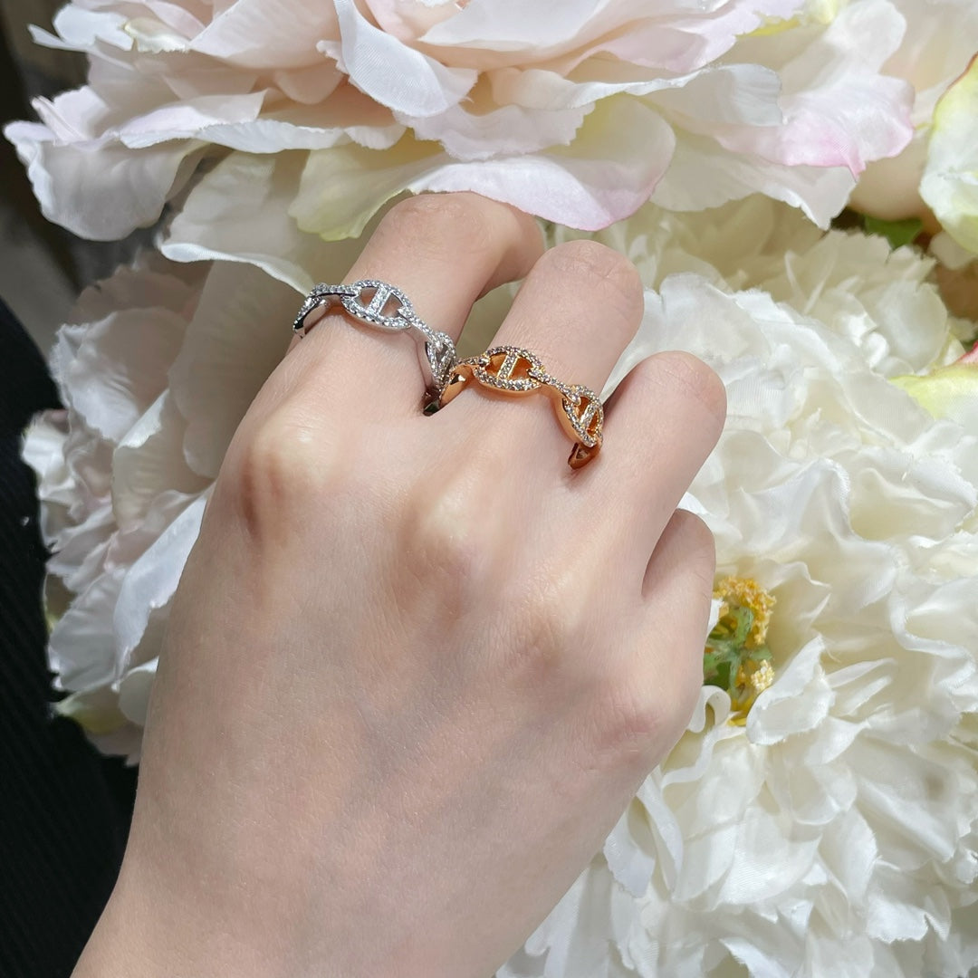 18K Chaine D'Ancre Enchainee Diamond Hermes Ring