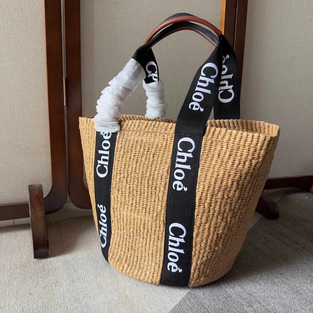 LAGRE WOODY TOTE BAG 48 IN NATURAL FIBERS BLACK WEBBING LOGO EMBROIDER BROWN CALFSKIN