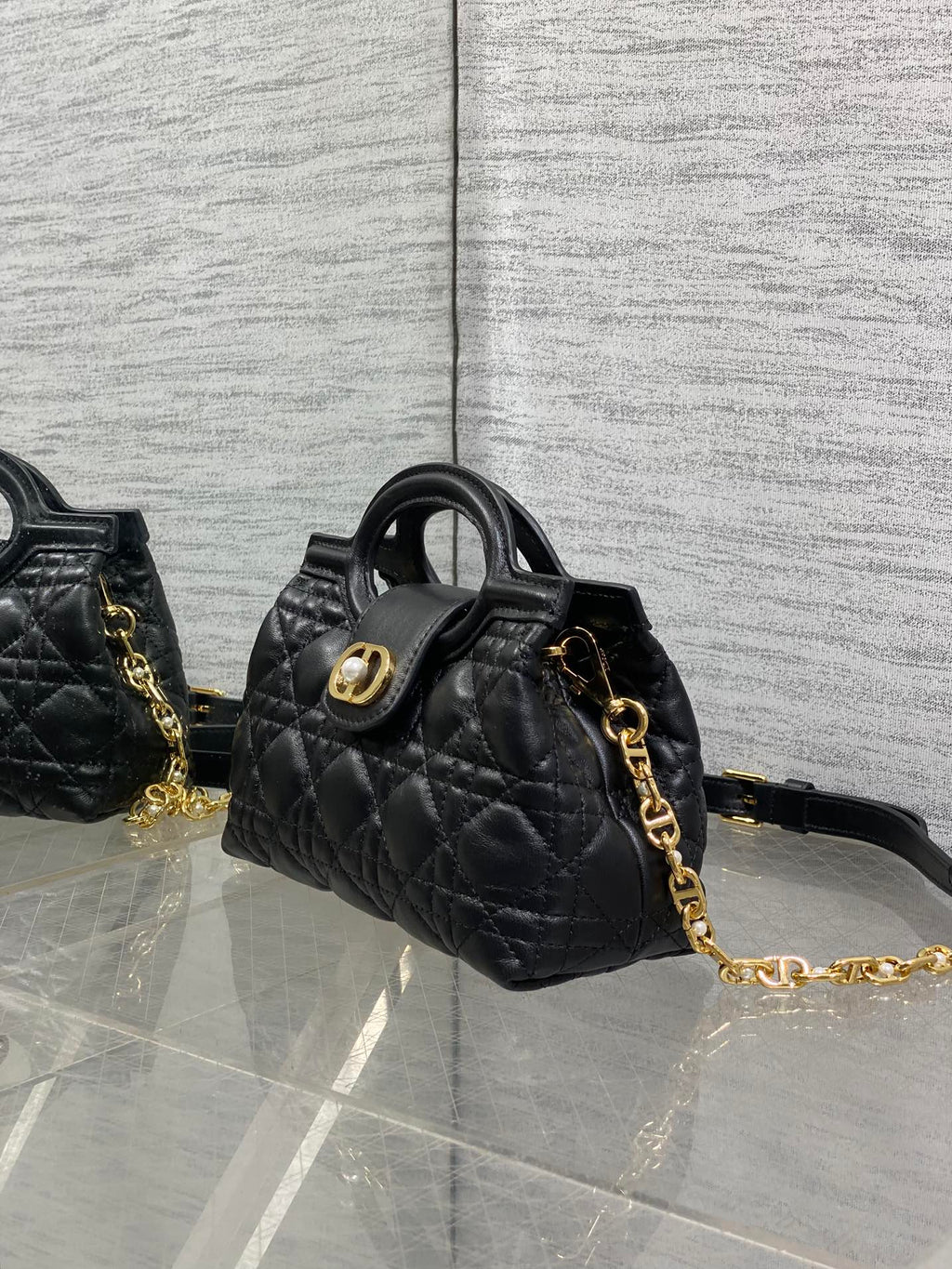 DIOR 25S JOLIE TOP HANDLE MINI BAG 18 IN BLACK CALFSKIN GOLD HARDWRE