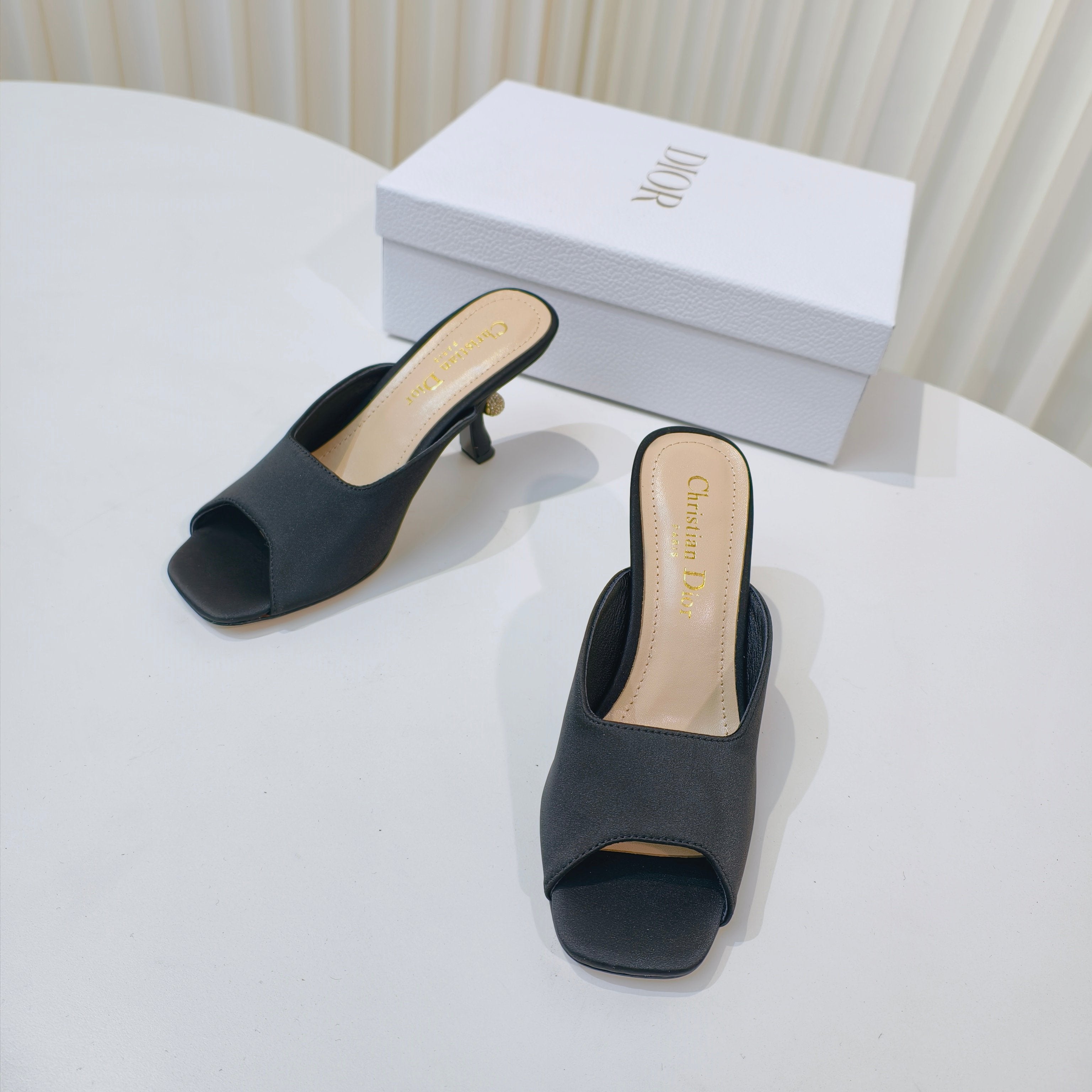 DIOR EMBELLISHED HIGH HEEL SLIDES 25S IN BLACK SATIN