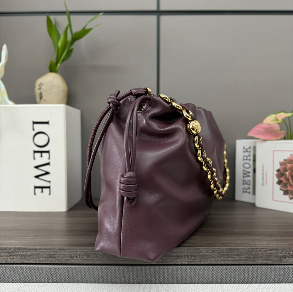LOE LARGE 41 FLAMENCO PURSE BUCKET IN WINE PURPLE LAMBSKIN GOLD HARDWARE
