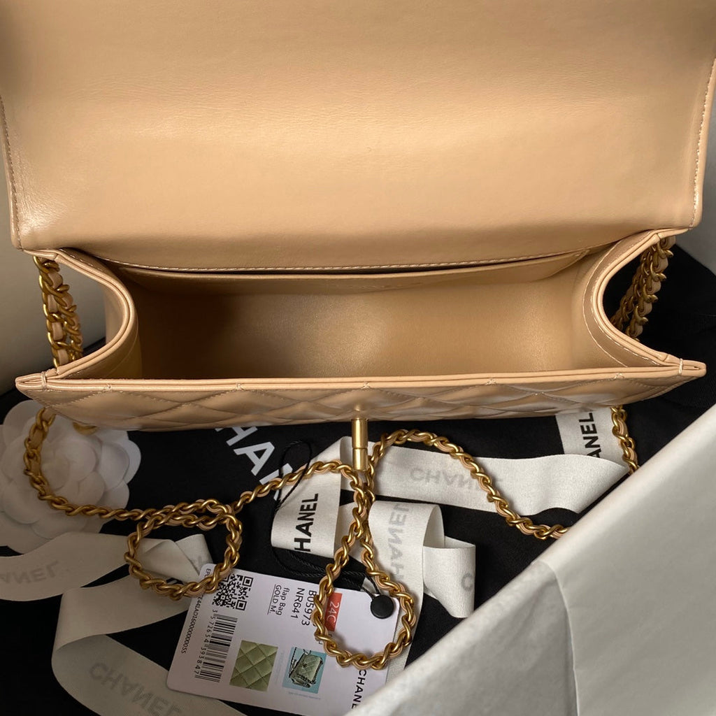 CHANEL 25S MINI FLAP BAG 22 IN TAN BROWN CALFSKIN GOLD HARDWARE