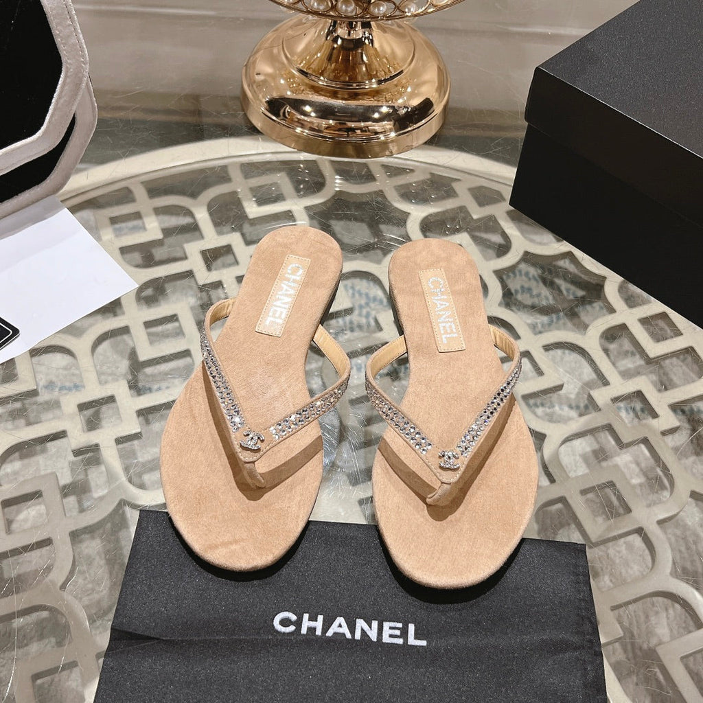 CHANEL RHINESTONES THONG SANDAL IN SEPIA TAN SUEDE