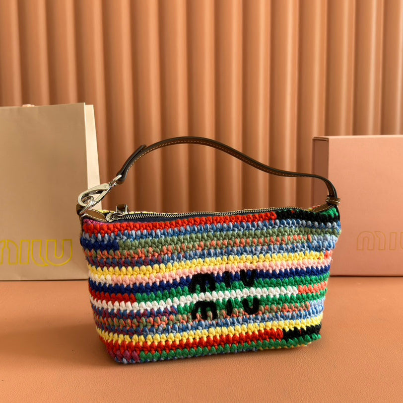 CROCHET SHOULDER BAG 25.5 COLORFUL WOOL WITH BROWN STRAP CALFSKIN