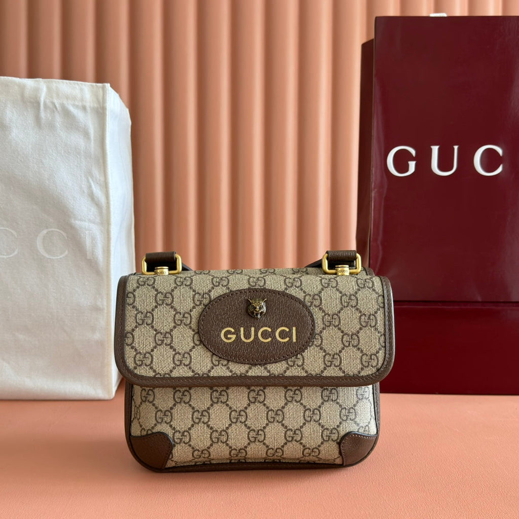 GUCCI NEO VINTAGE TIGER HEAD CROSSBODY BAG 22 IN CANVAS BROWN LEATHER TRIM