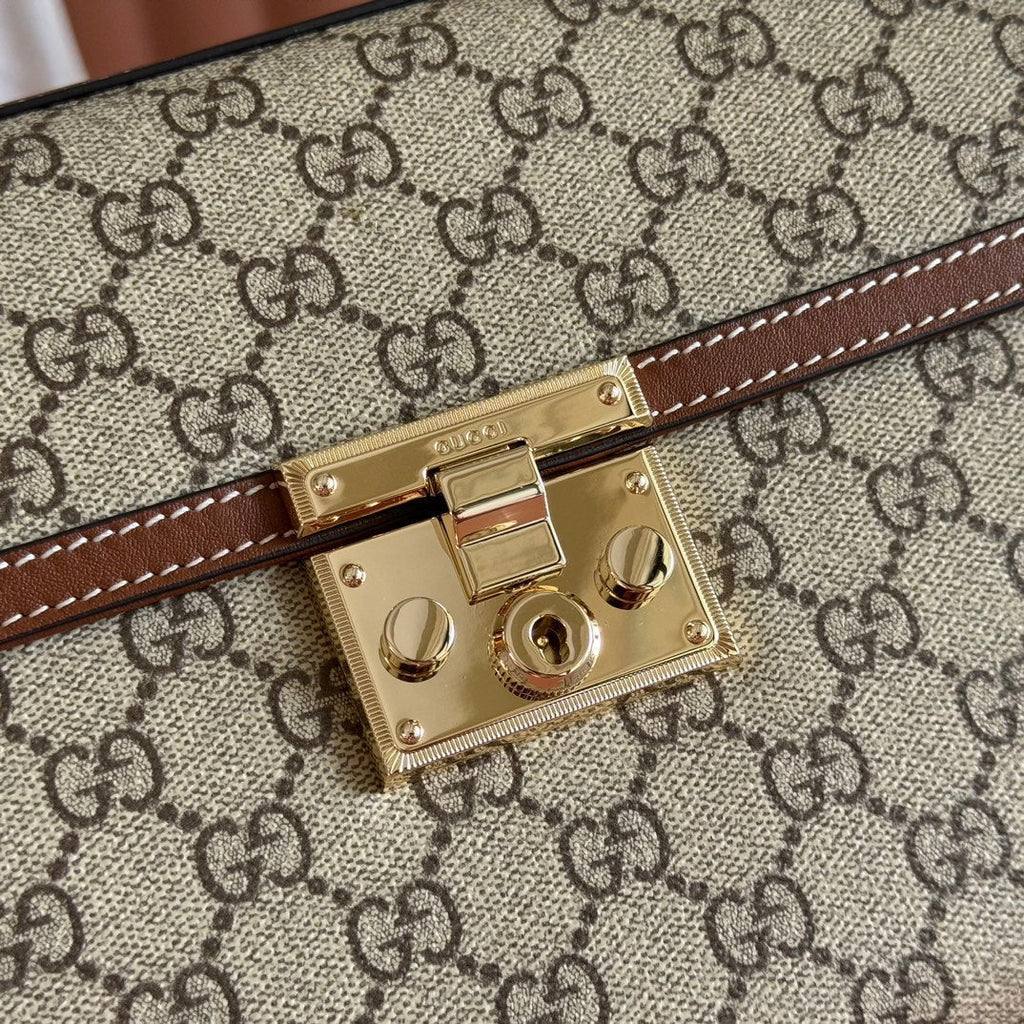GUCCI 25S PADLOCK BAG 26 IN BEIGE CANVAS AND BROWN CALFSKIN