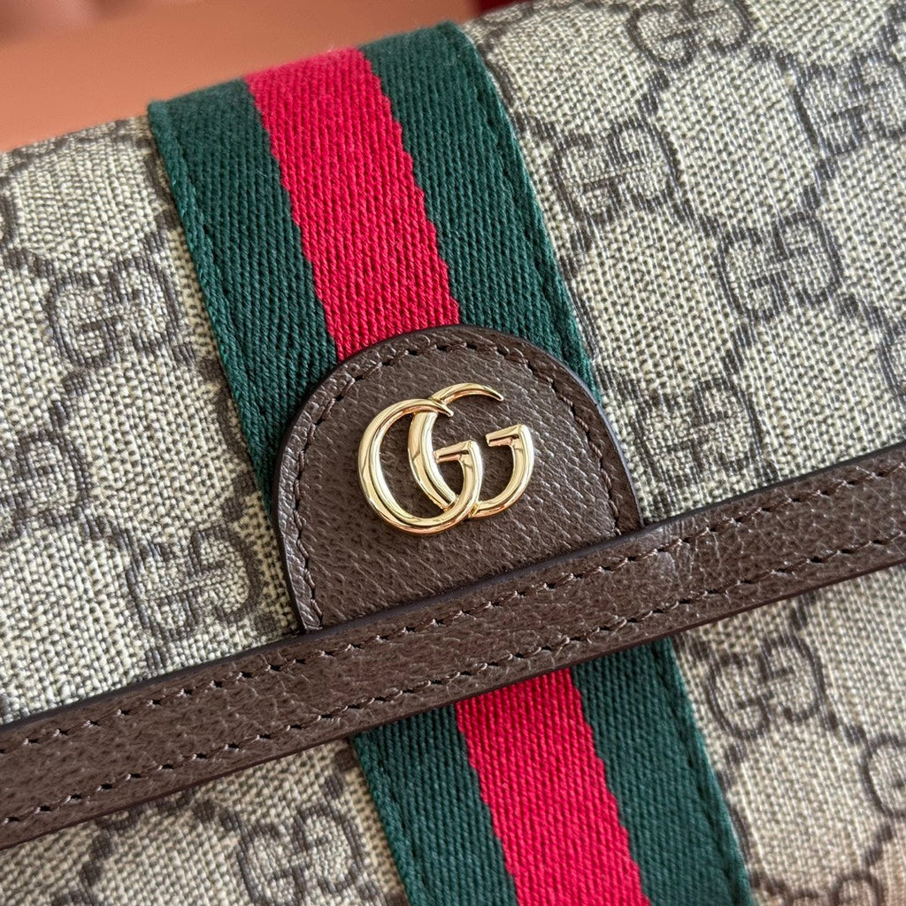 GUCCI 25S OPHIDIA BAG 18 IN BEIGE CANVAS AND BROWN CALFSKIN SILVER HARDWARE