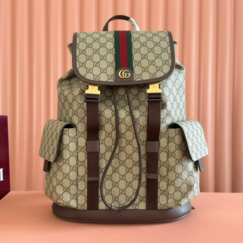GUCCI 26S OPHIDIA LARGE BACKPACK 46 IN BEIGE AND BROWN CANVAS