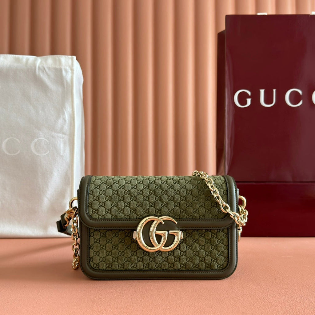 GUCCI 26S SHOULDER BAG 21 IN MOSS GREEN EMBOSSED SUEDE AND CALFSKIN
