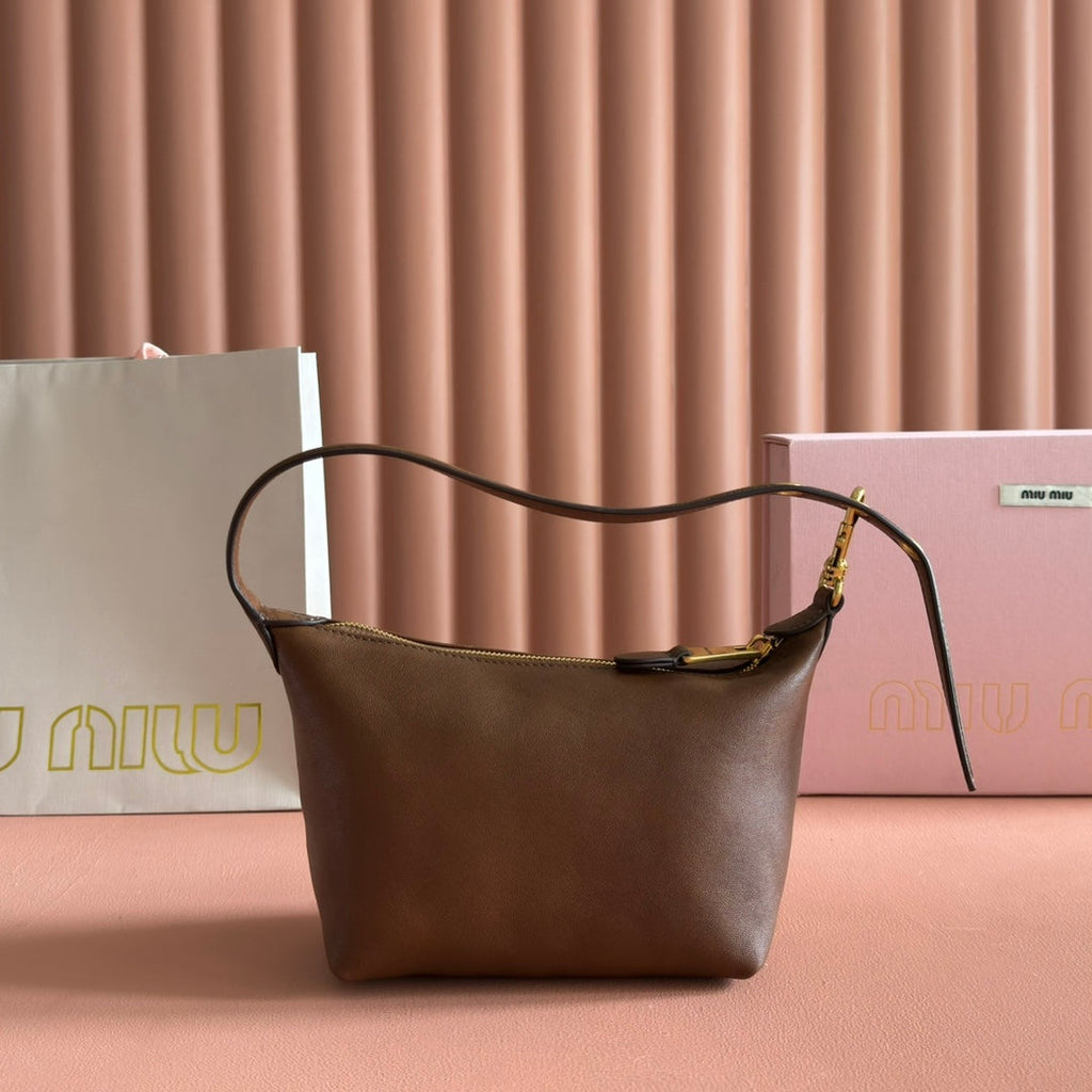 MIUMIU 26S CORDUROY POUCH BAG 25 IN BROWN CALFSKIN GOLD HARDWARE