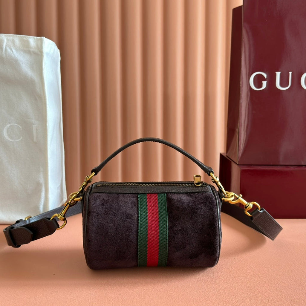 GUCCI 25S OPHIDIA MINI SHOULDER BAG 19 CM IN DARK CHOCOLATE BROWN SUEDE