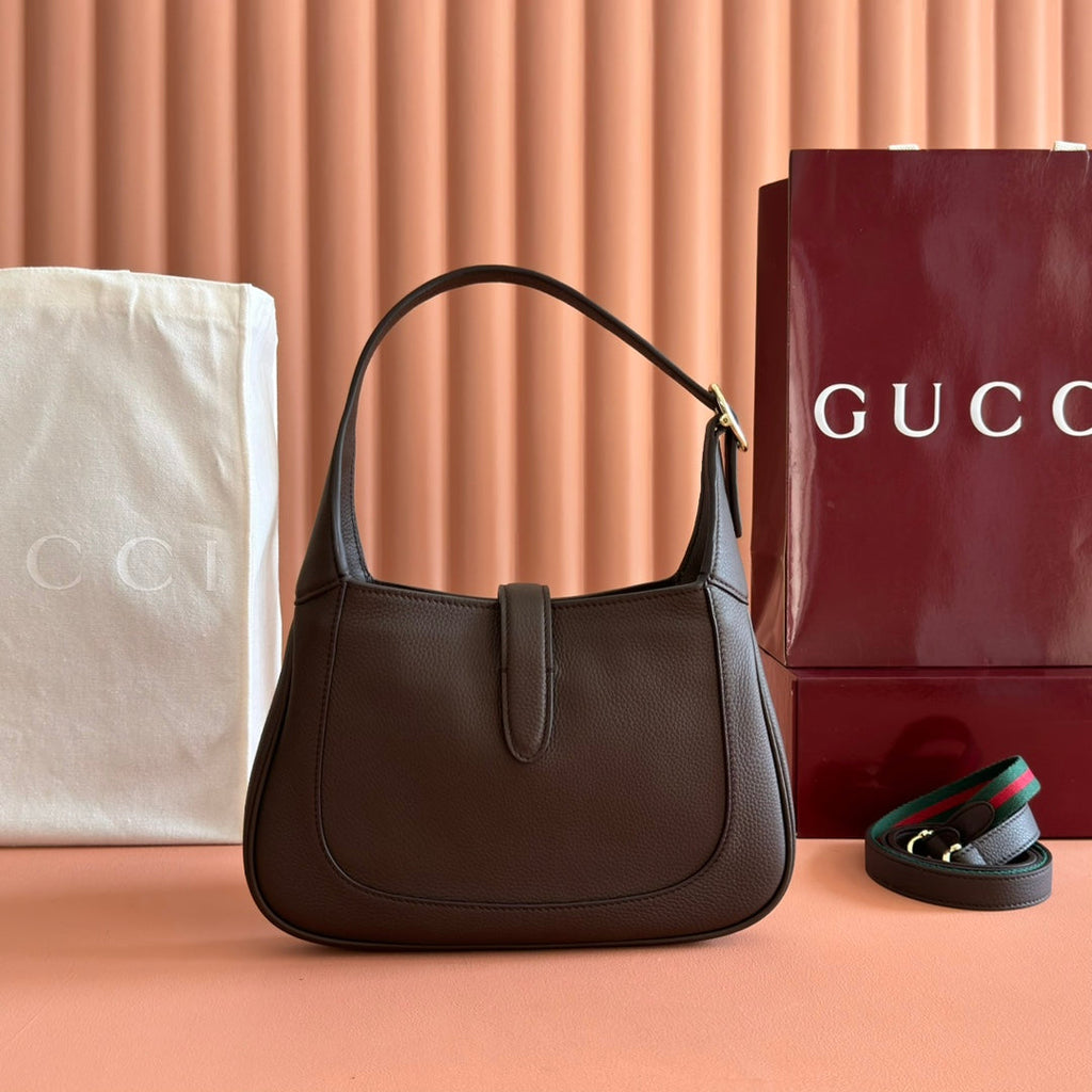 GUCCI 25S JACKIE 1961 SMALL BAG 28 CM IN DARK BROWN LEATHER WITH GOLD HARDWARE