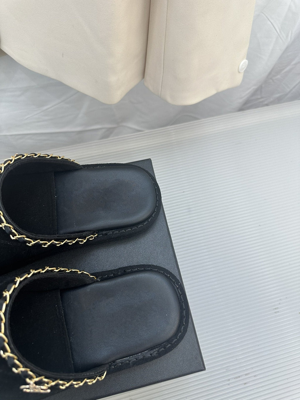 CHANEL Black Suede Gold Chain Mules