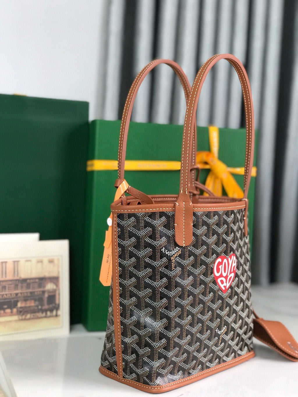 ANJOU MINI BAG 20 IN TAN CALFSKIN AND BLACK GOYARDINE CANVAS