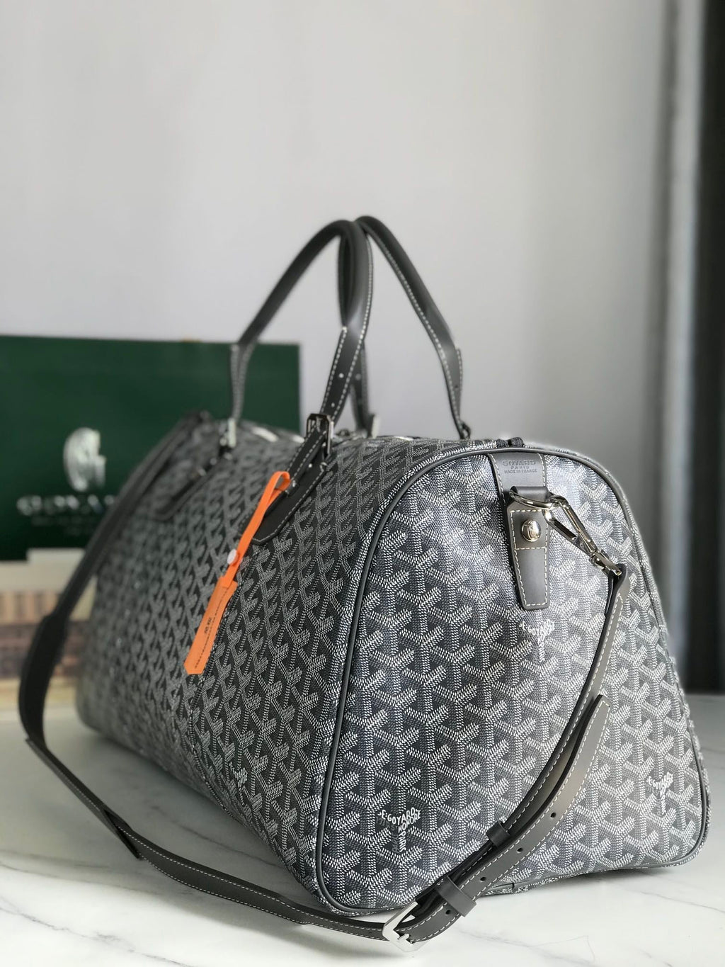 BOSTON 50 BAG IN GRAY GOYARDINE CANVAS AND CALFSKIN TRIM