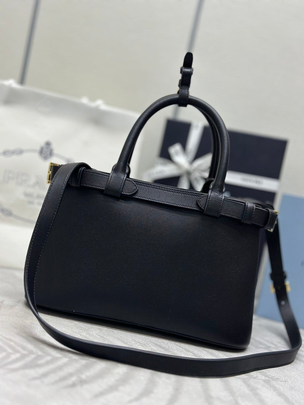 PRADA 25S BUCKLE MEDIUM HANDBAG 28 IN BLACK CALFSKIN GOLD HARDWARE