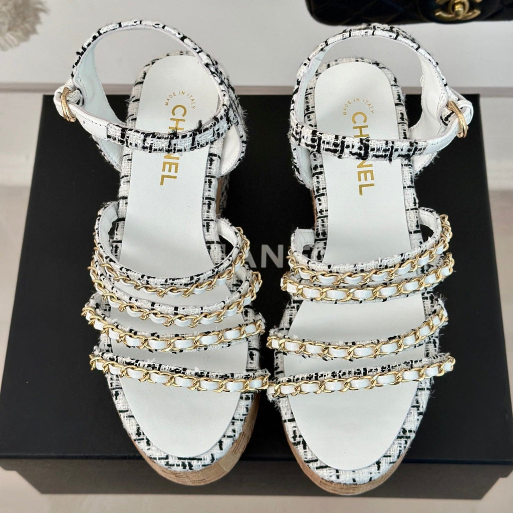 CHANEL Double C Wooden Chain Platform Block Heel Sandals Black Caro/ White