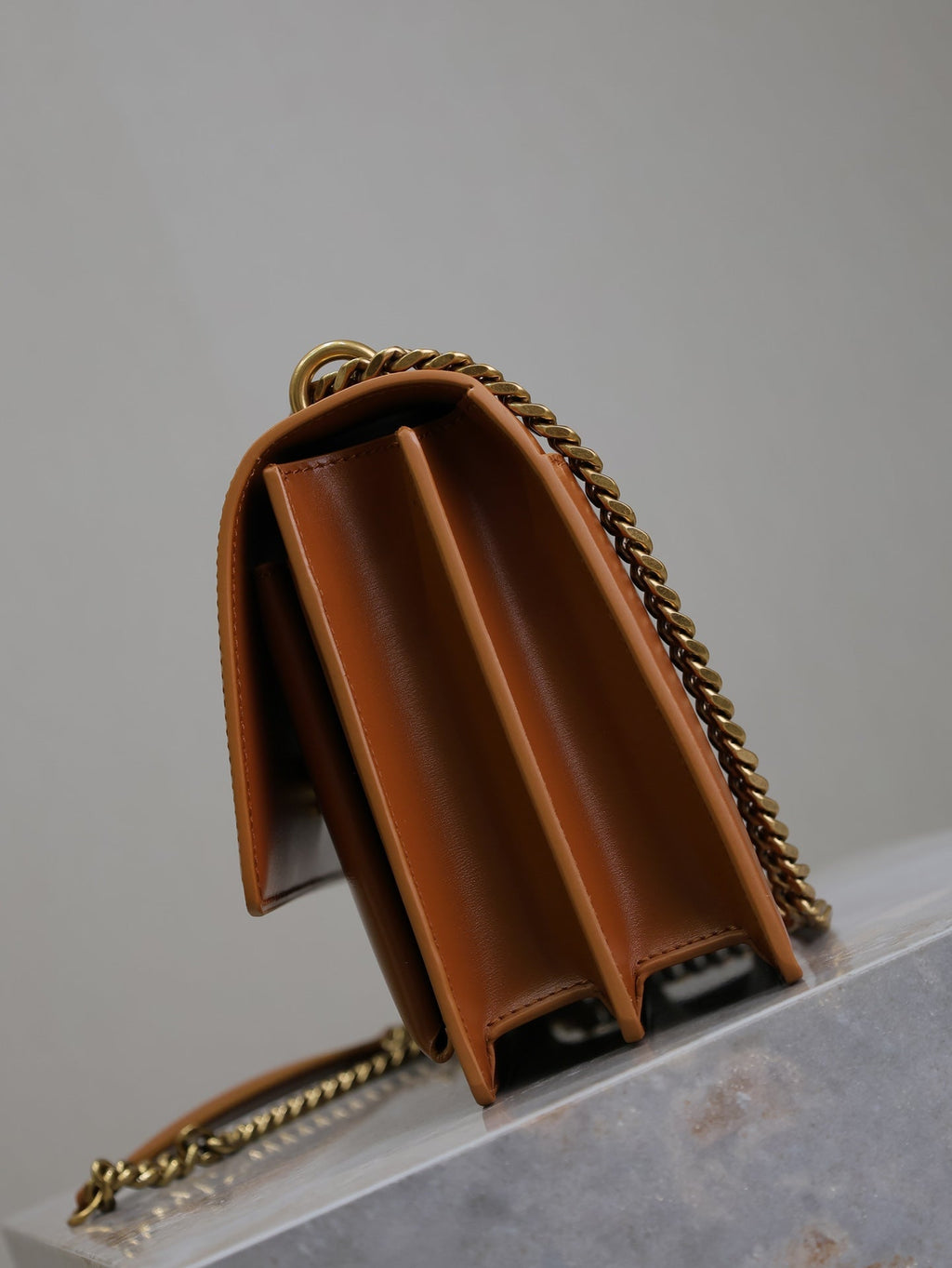 YSL 25S SUNSET BAG 22 IN DARK CARAMEL CALFSKIN GOLD HARDWARE