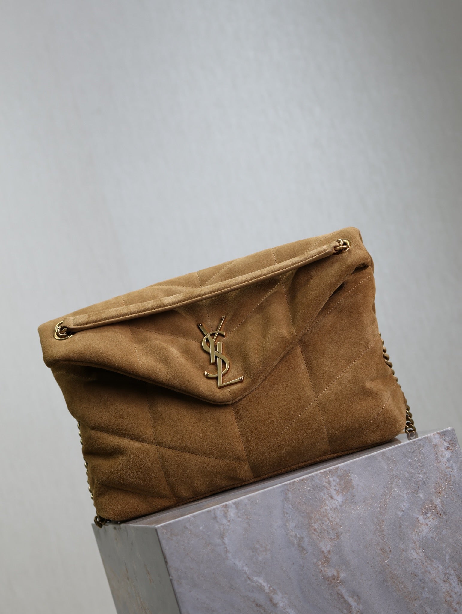 YSL 25S LOULOU PUFFER GM 35 IN TAN BROWN SUEDE GOLD HARDWRE