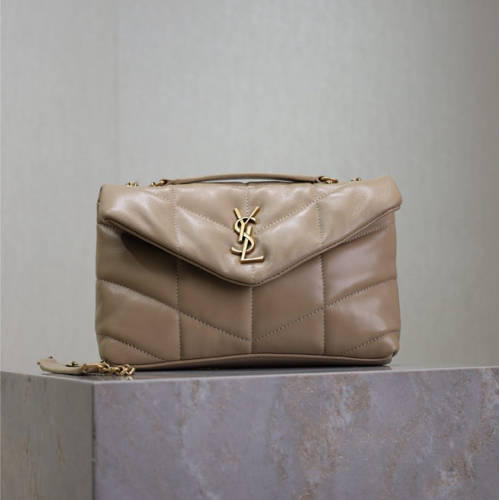 YSL 25S LOULOU PUFFER MINI 23 IN BROWN CALFSKIN GOLD HARDWARE